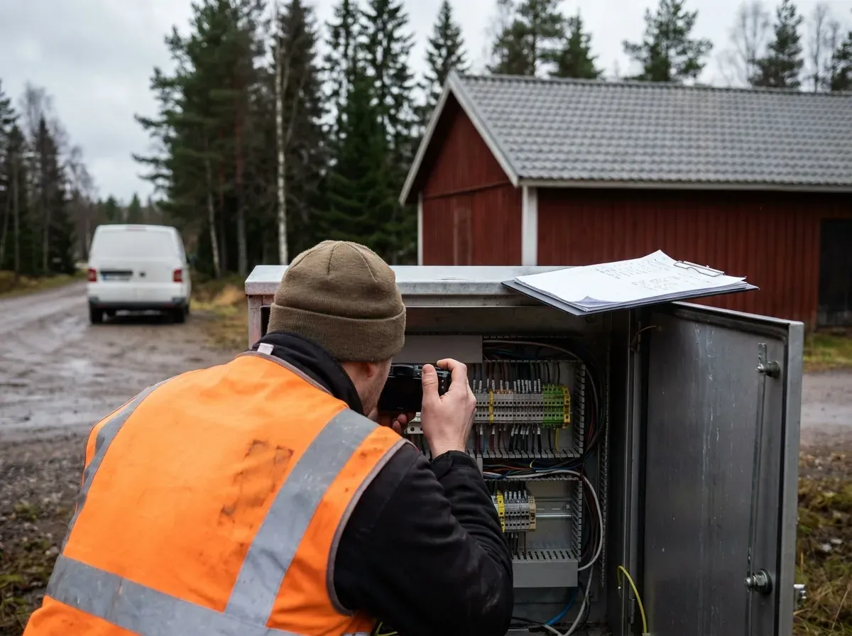 Person i varselväst som fotograferar kablage och plintar i ett öppnat utomhusskåp, med en checklista fastsatt på skåpluckan