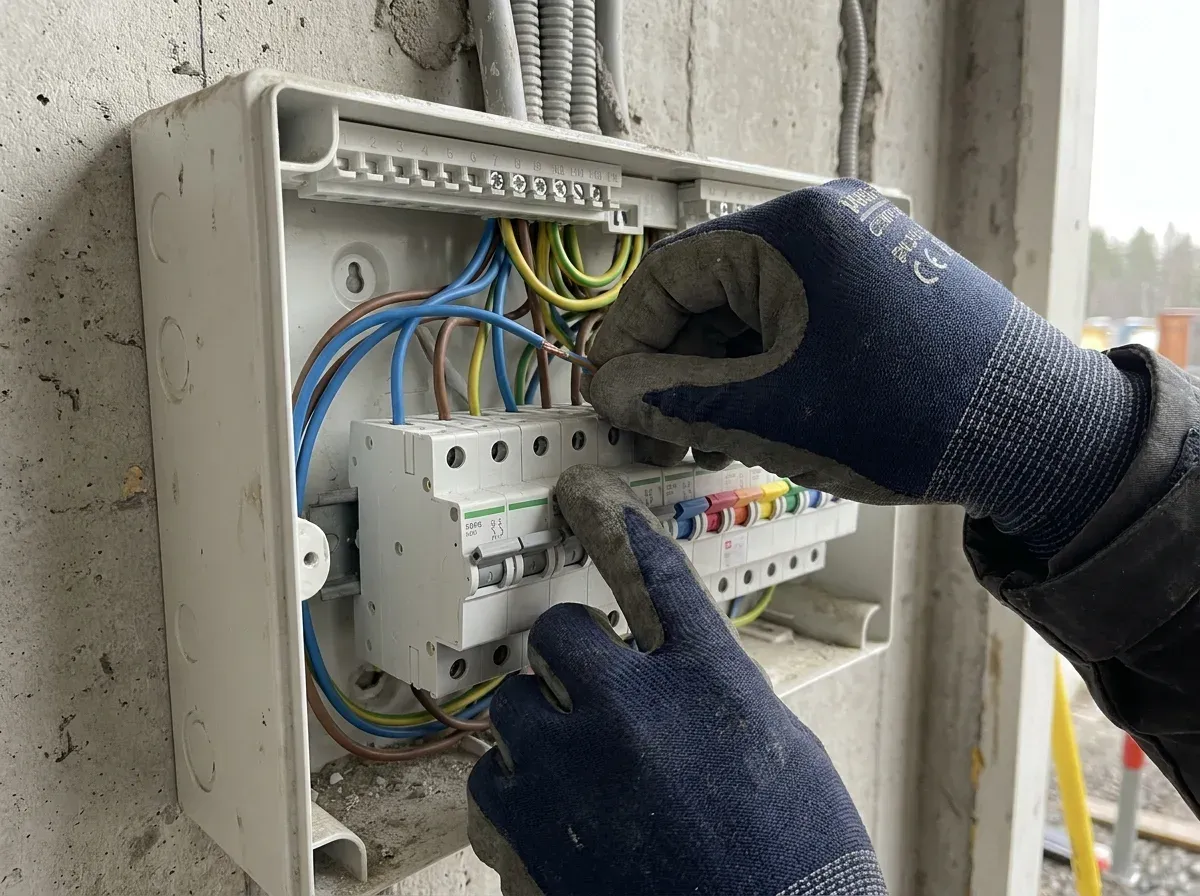 Elektriker som kopplar in ledningar på en dvärgbrytarrad i en elcentral
