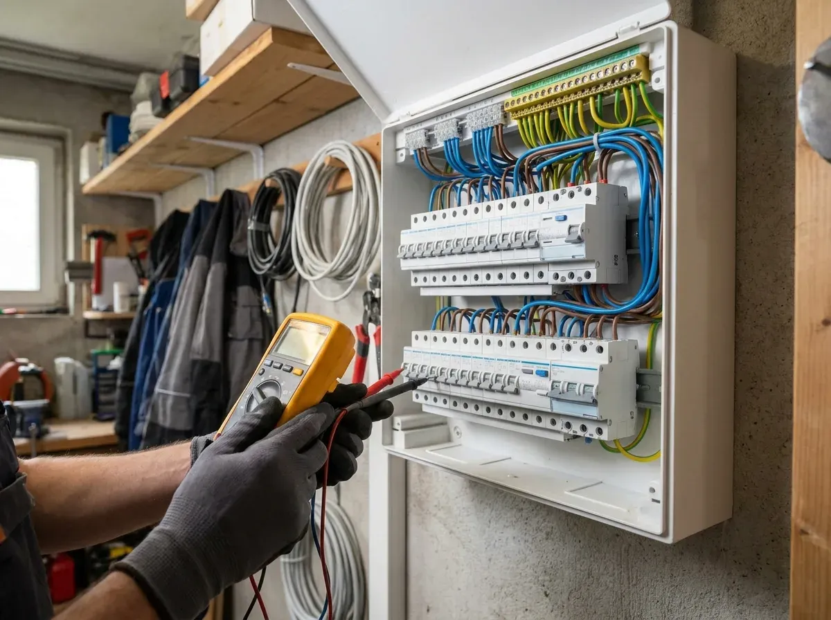 Öppen elcentral med rader av dvärgbrytare och jordfelsbrytare, där en elektriker mäter med en multimeter