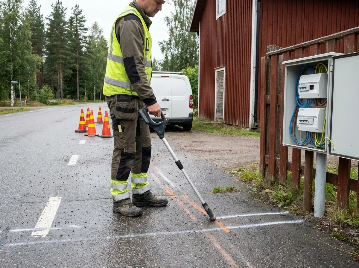 Medarbetare i varselväst som söker av asfalten med en kabelsökare, med utmärkta ledningsstråk målade i vägbanan