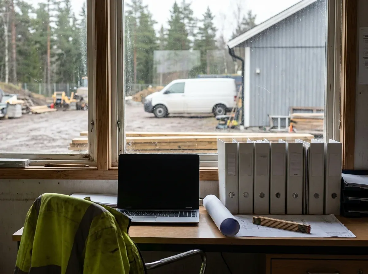 Skrivbord i en byggbod med laptop, en rad pärmar, en hoprullad ritning och en tumstock, med byggarbetsplatsen utanför fönstret