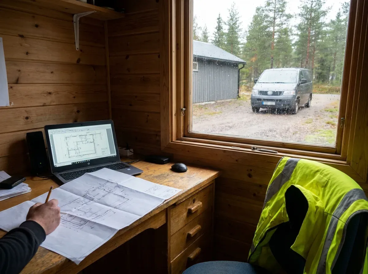 Kabelritning och karta utbredda på ett skrivbord, en hand som märker ut en sträckning med penna bredvid en laptop med samma plan