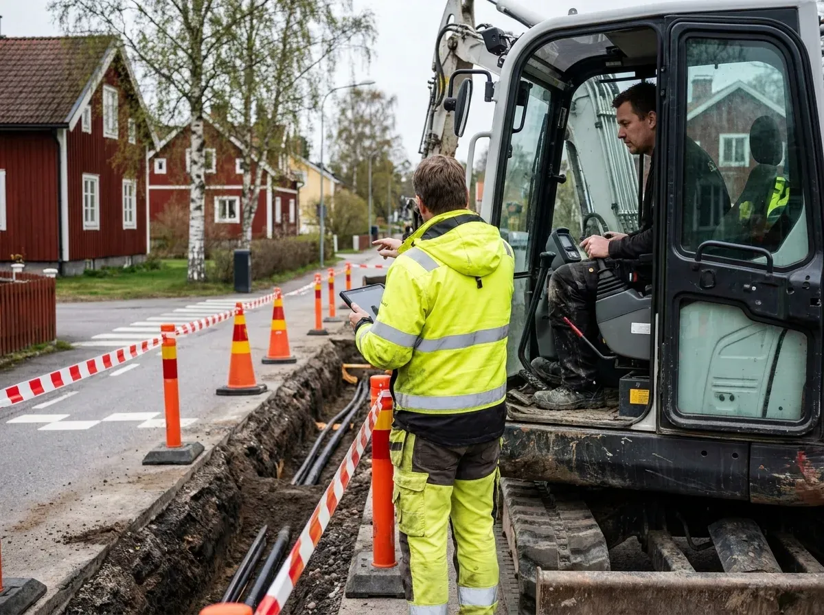 Projektledare i varselväst med en surfplatta vid ett öppet kabeldike, i samtal med grävmaskinisten