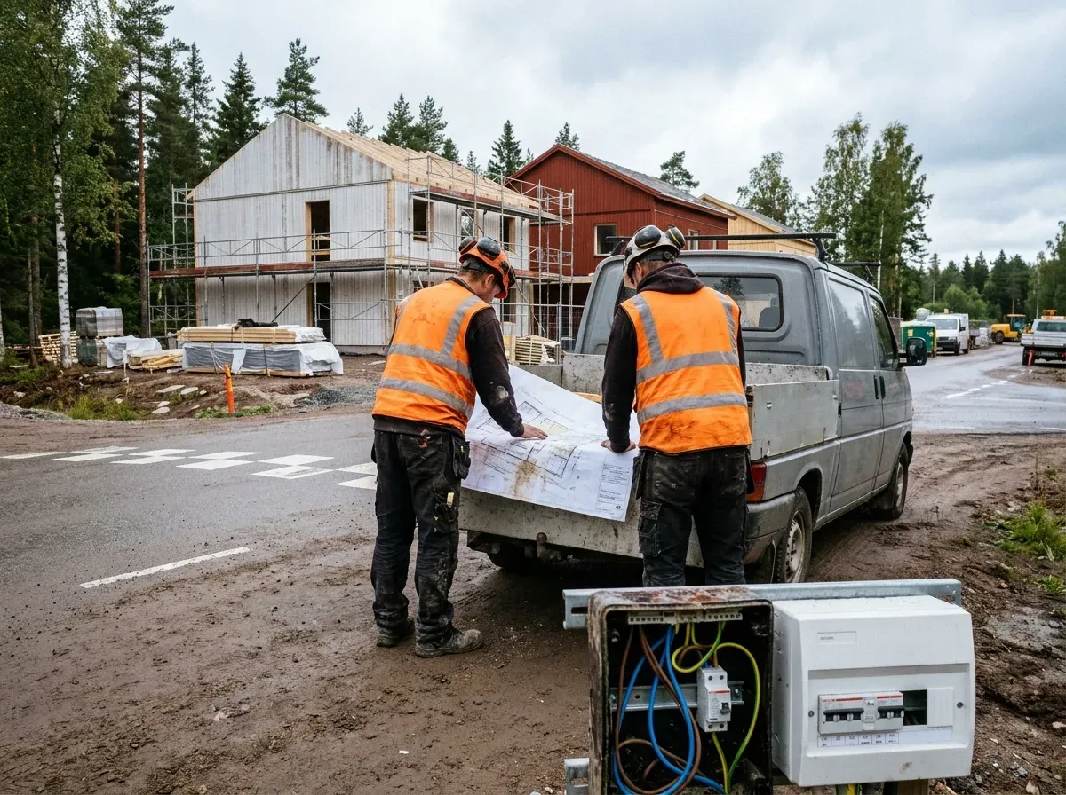 Två personer i varselväst som går igenom en ritning på flaket till en servicebil vid ett husbygge