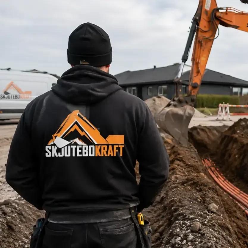 Medarbetare från Skjutebo Kraft vid ett pågående schaktarbete med grävmaskin
