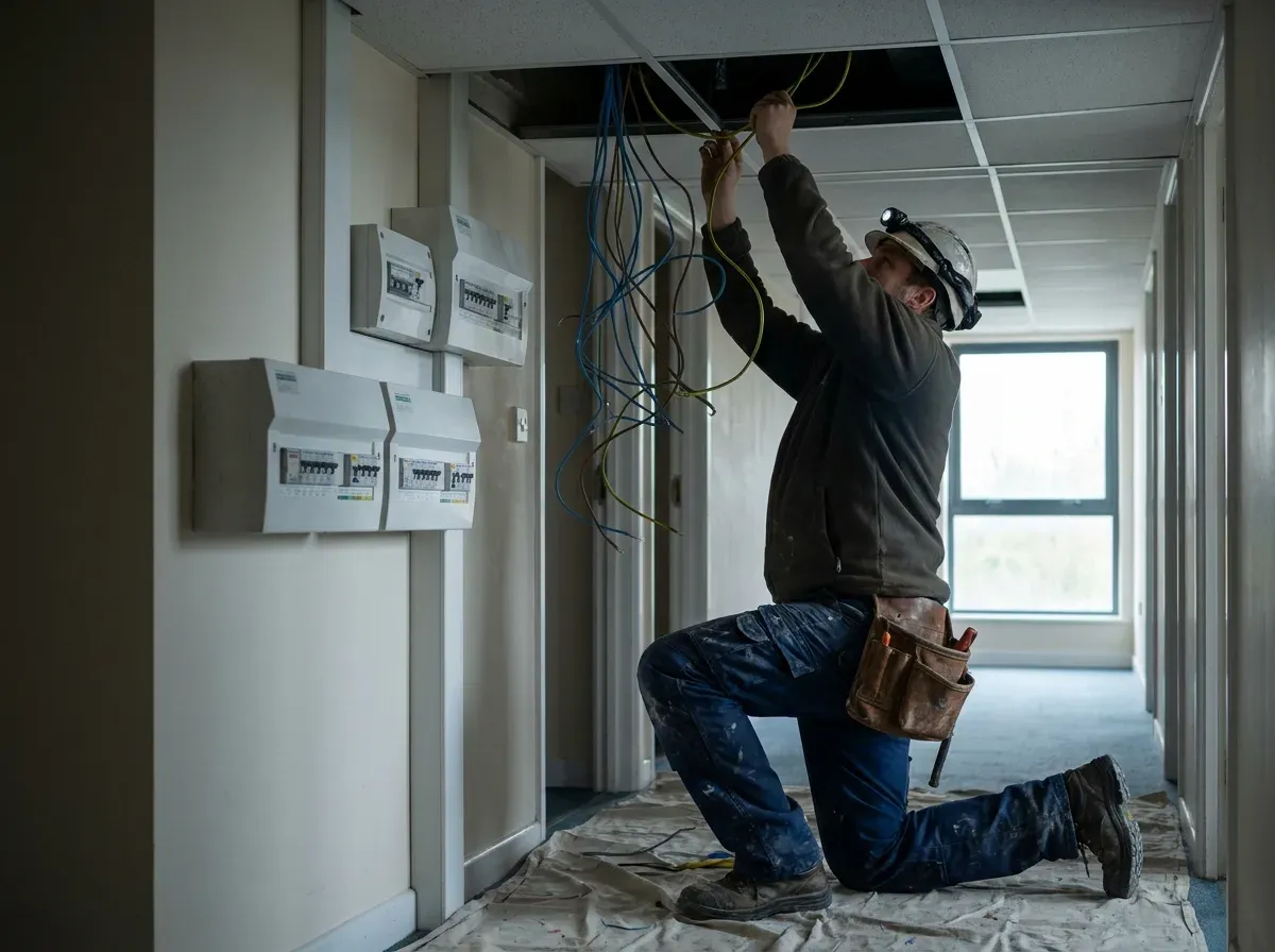 Serviceelektriker på knä som drar kablar genom ett öppnat undertak i en kontorskorridor